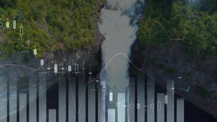 Poster - Animation of financial data charts overlaying waterfall in lush green forest setting