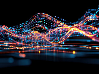Leinwandbilder - Abstract Digital Landscape Flowing Luminous Particles in Blue, Orange, and Red
