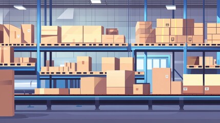 Poster - Cardboard boxes on shelves in a large warehouse with conveyor belt.