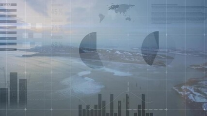Poster - Animation of data visualization with graphs overlaying snowy landscape aerial view