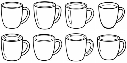 Aufkleber - Coffee Mug Outline Coloring Book Page Line Art Drawing Set White Background

