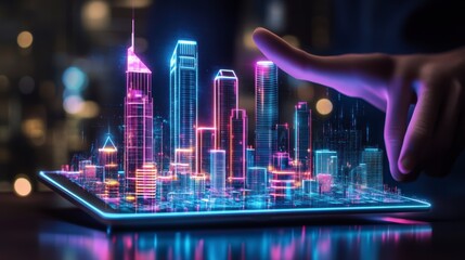 Poster - Hand interacts with a digital city model on a tablet.