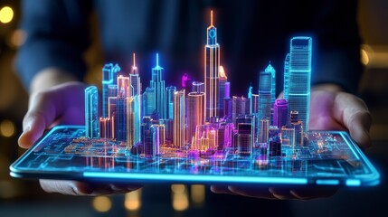 Fototapete - Person holding holographic city model on tablet.
