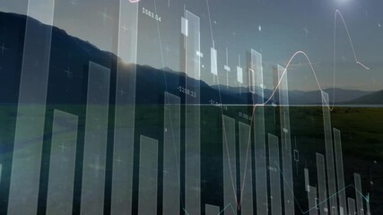 Poster - Bar and line graphs animation over scenic mountain landscape at sunset