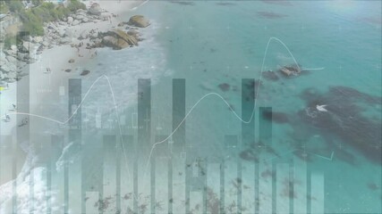 Poster - Coastal landscape with data visualization animation over turquoise ocean waves