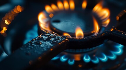 Poster - Close-up of gas stove burner with blue and orange flames, water droplets visible on metal.
