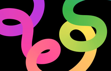 Leinwandbilder - Abstract rainbow wavy line on black background with copy space. Squiggle doodle line wave pattern. Vector rainbow colored gradient curvy line shapes.