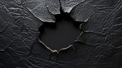 Poster - Close-up of a hole in black cracked leather texture; dark background.