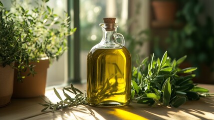 Poster - glass bottle of olive oil surrounded by fresh herbs in a sunlit kitchen setting on a wooden table