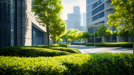 Aufkleber - Modern hospital building with glass facade, in the background commercial office buildings with concrete walls and blue windows, modern landscape design with big green bushes around