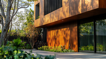 Aufkleber - Modern luxury minimalist cubic house, villa with wooden cladding and panel walls and landscaping design front yard, residential architecture exterior