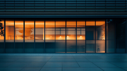 Poster - Modern restaurant front with transparent facade and evening light, culinary architecture concept