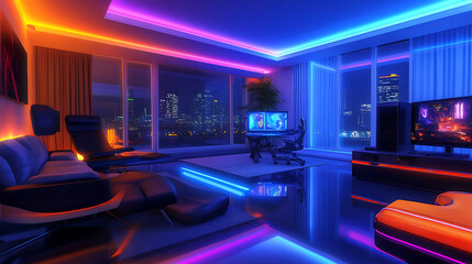 Poster - Modern room with modern computer and illuminated by colored leds, gamer room