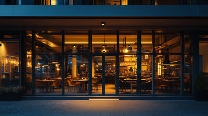 Poster - Modern restaurant front with transparent facade and evening light, culinary architecture concept