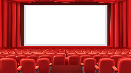 Leinwandbilder - Movie cinema hall interior with rows of seats and white blank mockup screen, illustration