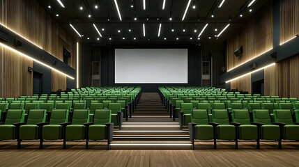 Leinwandbilder - Movie cinema hall interior with rows of green seats and white blank mockup screen, illustration