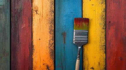 Poster - Multicolored wooden wall with paint brush