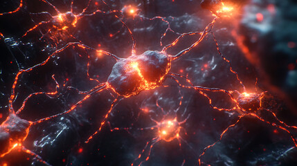 Fototapete - Neurons activity, synapses and axones transmitting electrical signals