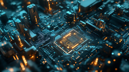 Fototapete - Neuronal network and artificial intelligence processing unit concept