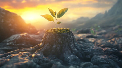 Poster - New beginnings concept with small plant sprouting from old tree trunk, illustration