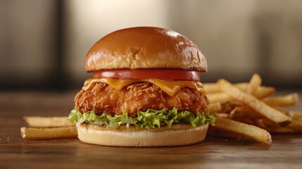 Poster - Crispy chicken sandwich with cheese, lettuce, tomato, and fries on wooden table.