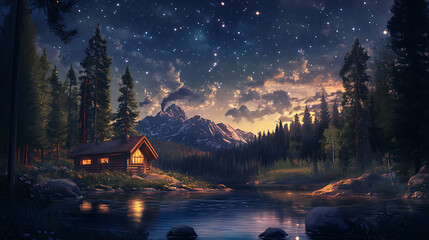 Poster - night, cozy atmosphere under the stars in the sky, illustration for podcast