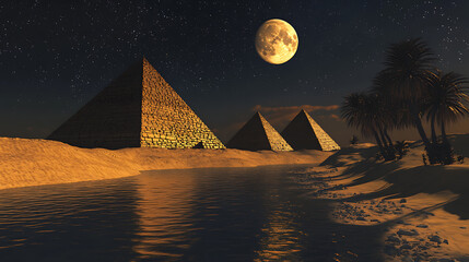 Poster - Night view of ancient pyramids near desert oasis, starry sky with full moon, black shadows, water, golden sand, architecture of ancient times, parallel world, magic realism concept, 3d rendering
