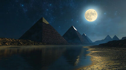 Poster - Night view of ancient pyramids near desert oasis, starry sky with full moon, black shadows, water, golden sand, architecture of ancient times, parallel world, magic realism concept, 3d rendering