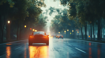 Poster - Observe the distance on the road, autonomous smart car travels on the road in traffic, it scans the road and observes the distance