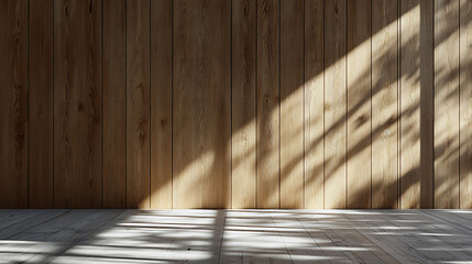 Fototapete - Oak wood wall with vast copy space, bright natural lighting, shadows, minimalist style