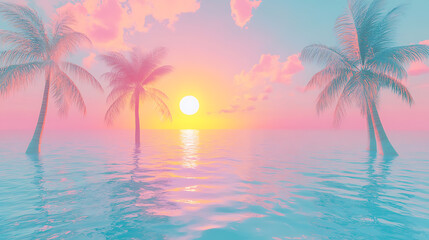 Poster - Ocean and palm trees with a pastel yellow, pink, and blue sunset sky retro look reminiscent of the 1980s