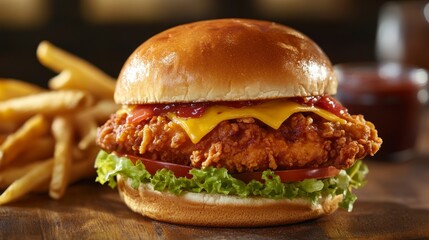 Aufkleber - Crispy chicken sandwich with cheese, lettuce, tomato, and fries.