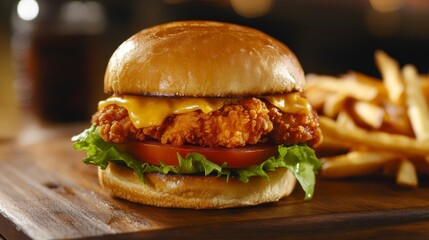 Aufkleber - Crispy fried chicken sandwich with cheese, lettuce, tomato, and fries on wooden board.