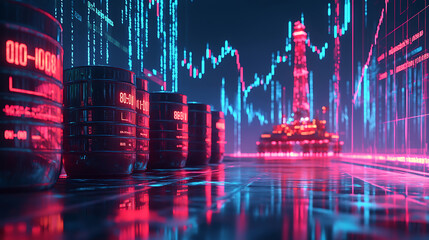Aufkleber - Oil barrels with stock market graph and oil rig in the background symbolizing oil stocks