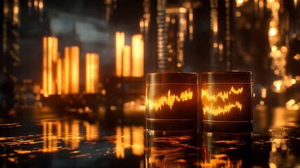 Fototapete - Oil barrels with stock market graph and oil rig in the background symbolizing oil stocks