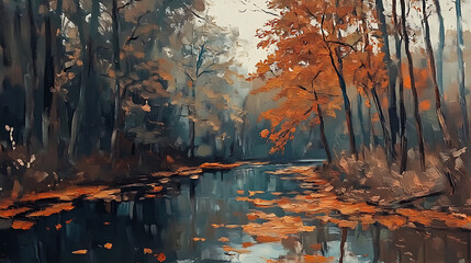 Poster - Oil painting landscapeautumn forest near the river, orange leaves, art work