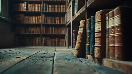 Poster - Old library bookshelf with old wooden floor