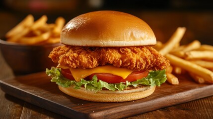 Aufkleber - Crispy chicken sandwich with cheese, lettuce, tomato, and french fries on wooden board.