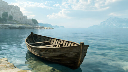 Poster - Old wooden boat in the sea near the shore