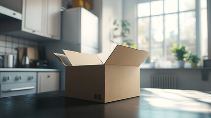 Poster - Open cardboard box on kitchen counter in modern apartment during daytime