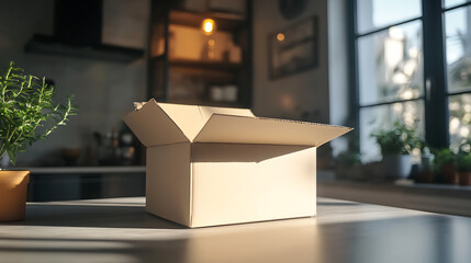 Poster - Open cardboard box on kitchen counter in modern apartment during daytime