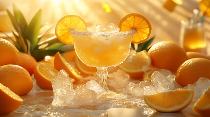 Poster - Orange margarita cocktail with ice and fresh oranges on the table