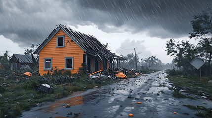 Poster - Property insurance after thunderstorm, destroyed ruined house by earthquake, tornado damage house