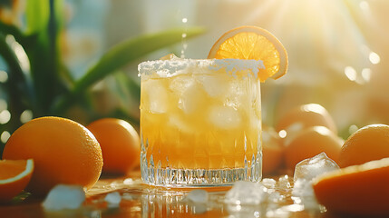 Poster - Orange margarita cocktail with ice and fresh oranges on the table