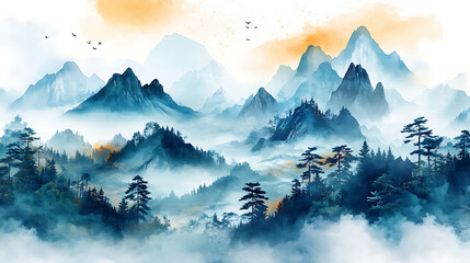 Aufkleber - Oriental luxury landscape with watercolor brush, mountains, forest, beautiful oriental-style exposition, 3d artwork