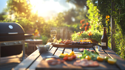 Poster - Outdoor barbecue setup with food on a sunny deck