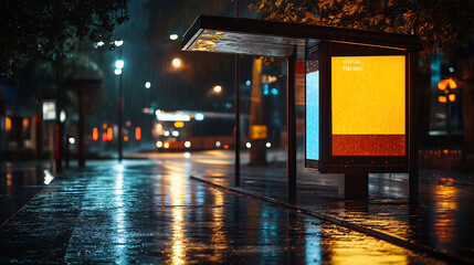 Aufkleber - Outdoor bus stop advertisement mockup on a wet evening street, nighttime, vivid