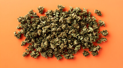 Poster - Overhead flat lay of dried cannabis marijuana buds on a bright color background
