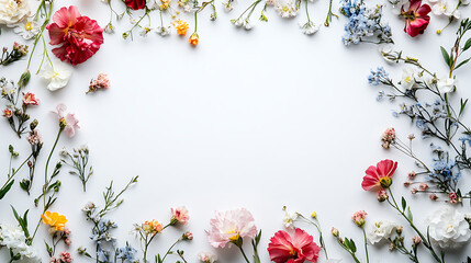 Poster - Overhead flat lay view of a blank white invitation stationery card with flowers