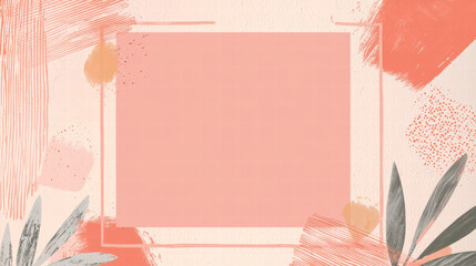 Poster - coral and leaf frame: a soft coral pink background featuring a rectangular frame composed of painted